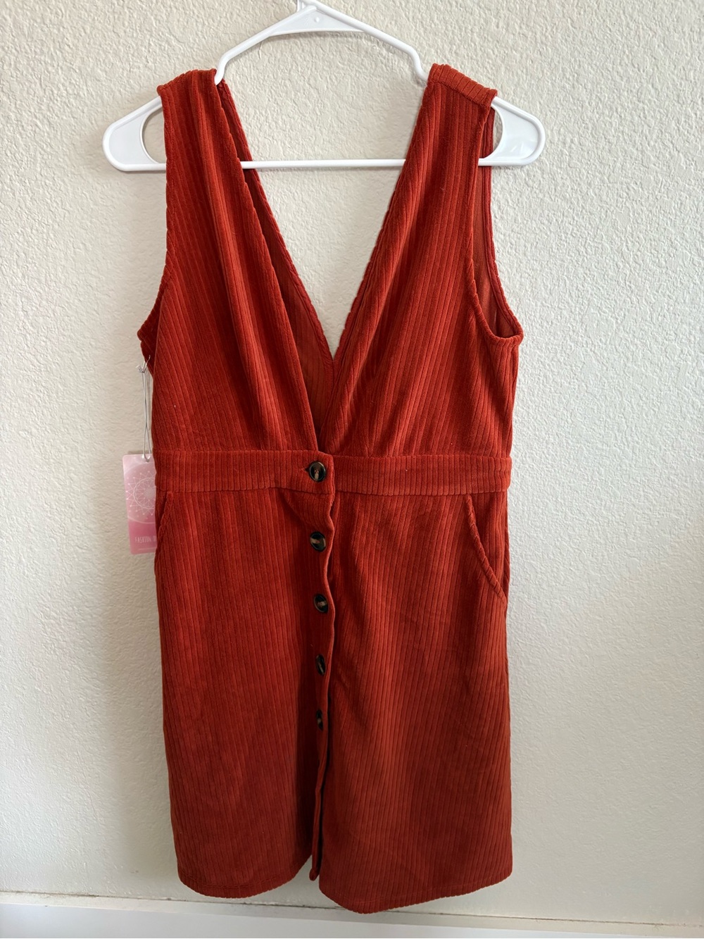 Sleeveless Corduroy Button-Front Midi Dress in Rust